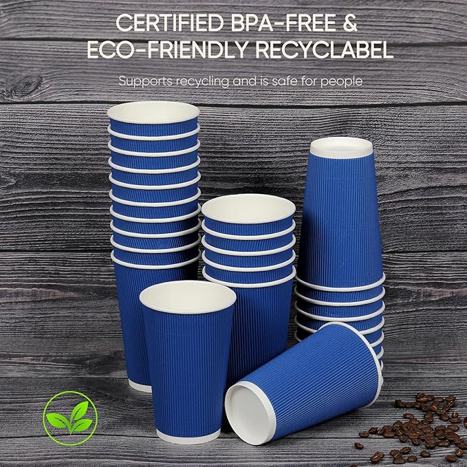100 Pack 16 oz Disposable Coffee Cups with Lids and Straws, Insulated Ripple Wall To Go Paper Corrugated Cups, Bulk for Hot/Cold Drinks, Cafe Bar, Office, Chocolate, Cocoa (Navy)