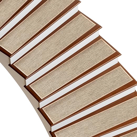 Deerly Linen Stair Treads Non Slip 10pcs Comfortable Stair Runner for Wooden Steps Peel and Stick Stairs Carpet Treads Indoor Staircase Covers Mat with Self-Adhesive Backing for Pets Kids 8"X30" Beige