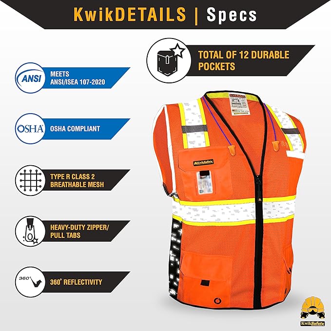 KwikSafety - BIG KAHUNA DIGITAL Safety Vest [LIMITED EDITION] Class 2 ANSI OSHA Reflective Vest Durable High Visibility Vest Construction Safety Vest for Men Industrial Work Gear/Orange 2XL