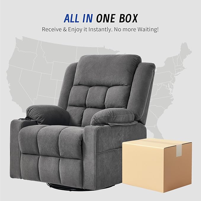 Swivel Recliner Chair for Adults with Massage and Heating,Manual Glider Rocking Recliner Chair with Cup Holds and Pockets,Reclining Rocker Chairs for Living Room Bedroom R8811 (Darkgrey)