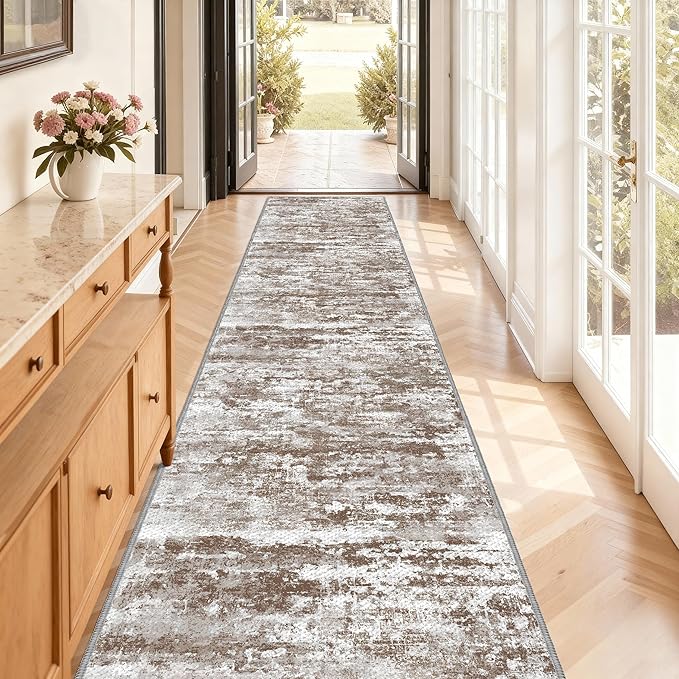 Kitchen Rugs Ultra Non-Slip 2.6x12 Washable Runner Rug Abstract Tear and Stain Resistance No Pile Lightweight Runners for Entryway, Hallway, Walkway, Bedside, Entrance, Brown