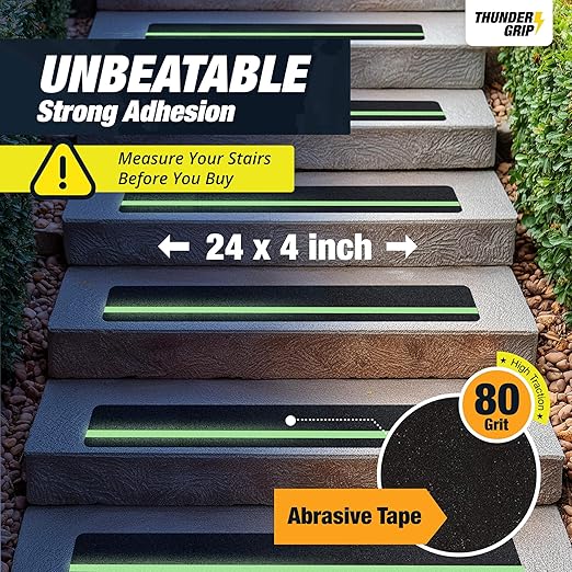 Grip Tape for Stairs 24" x 4" - 8-Pack Glow in The Dark Outdoor Stair Treads Non-Slip Weather Resistant - Anti Slip Tape for Exterior Wooden Steps - Waterproof 80-Grit Adhesive Treads