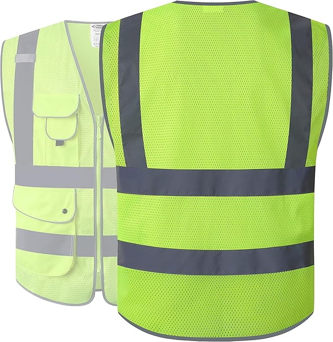 JKSafety 9 Pockets High Visibility Safety Vest for Men and Women, Hi-Vis Reflective Yellow Safety Vests with Zipper Front, Meet ANSI/ISEA Class 2 Type R(159-Yellow XXL)