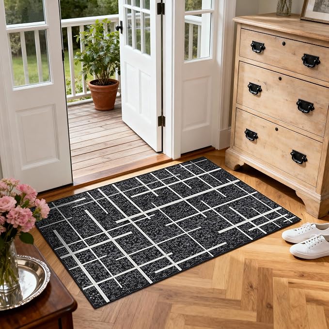 3x5 Washable Rug, Modern Distressed Stripe, Small Area Rug Non Slip, Woven Thin No Shed Office Chair Friendly Runners for Entryway, Kitchen, Home Office, Studio - Midnight Black