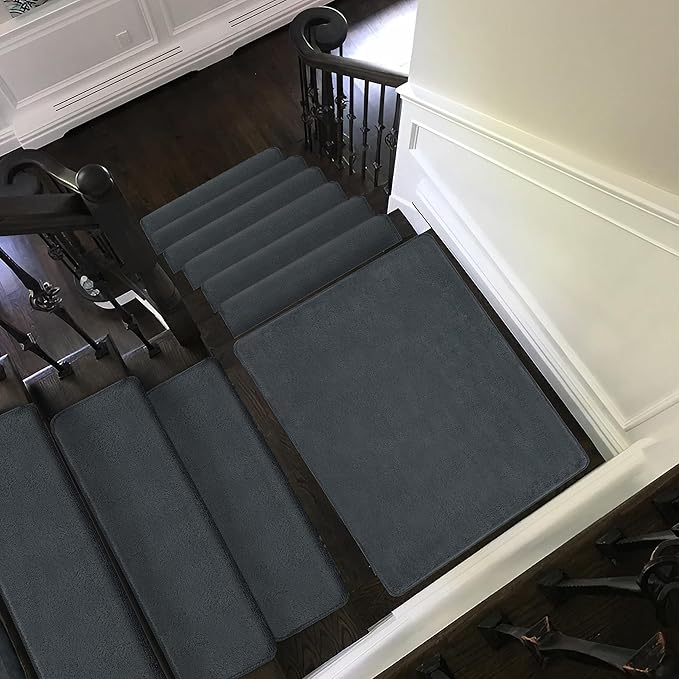 PURE ERA Carpet Stair Treads Ultra Plush 9.5" X 30"Soft Bullnose Indoor Stair Protectors Pet-Friendly Non-Slip Skid Resistant Tape Free Washable Reusable(2 Pieces,Dark Gray)