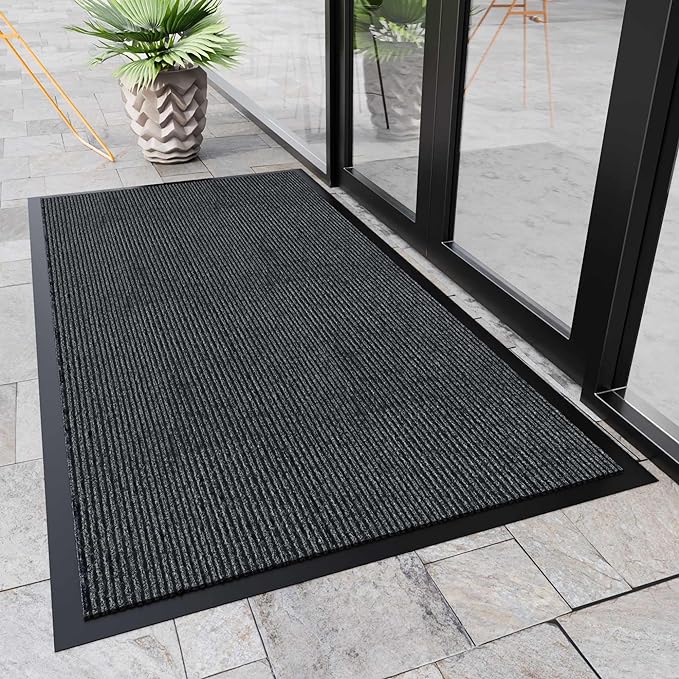 Indoor Outdoor Door Mat, 5’ x 4' Doormat for Entryway, Rubber Backing Non Slip Front Door Mat Outside Entrance, Super Absorbent Commercial Floor Mat for Home Office, Grey