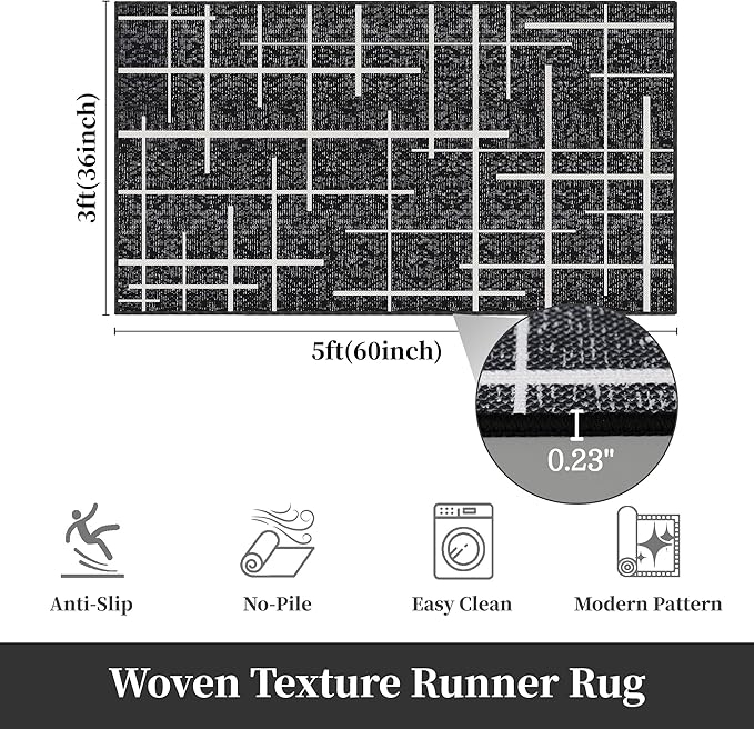 3x5 Washable Rug, Modern Distressed Stripe, Small Area Rug Non Slip, Woven Thin No Shed Office Chair Friendly Runners for Entryway, Kitchen, Home Office, Studio - Midnight Black