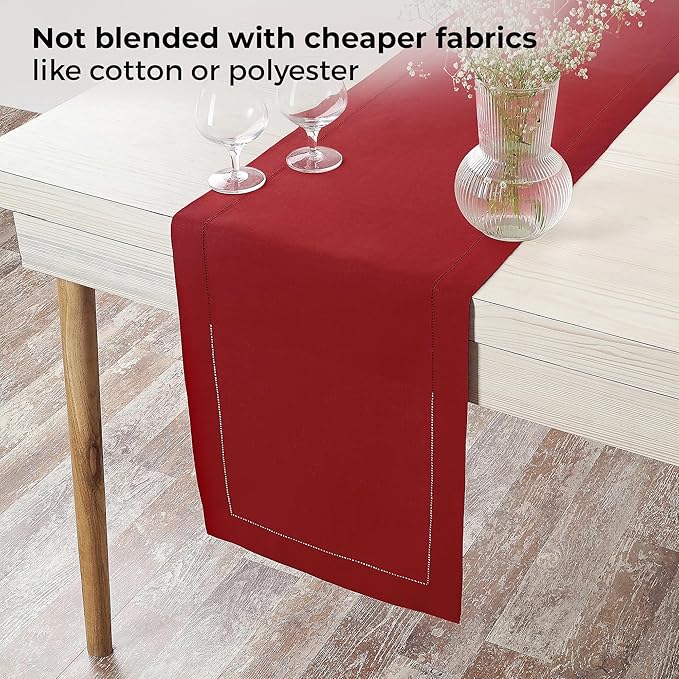 D'Moksha Homes Linen Red Table Runner 132 Inches Long - 100% Pure Linen Extra Long Table Runner 14 x 132 Inch for Valentines, Spring - Classic Hemstitch