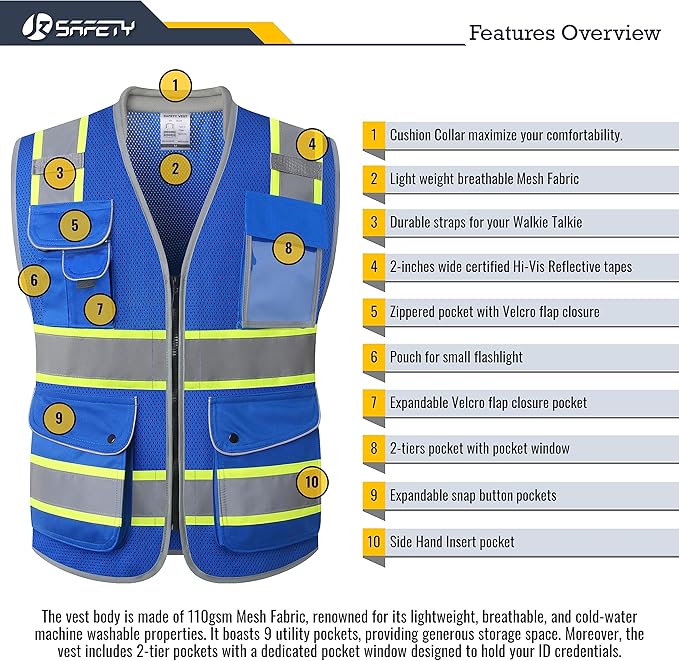 JKSafety 9 Pockets Hi-Vis Safety Vest Breathable Mesh Fabric Cushioned Collar Work Utility PPE Lightweight Industrial Work Gear ANSI/ISEA compliant (101-Blue L)