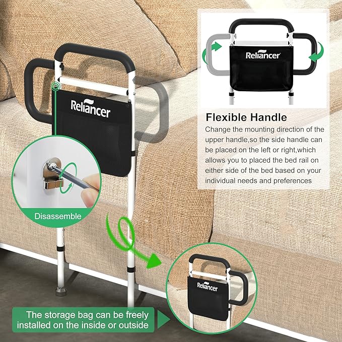 RELIANCER Bed Safety Rail for Elderly Adults w/Support Leg,Dual Handle Assist Grab Bar for Seniors,Adjustable Bedside Support Railings,Bed Side Assist Guard Rails,Bedside Hand Guard Bar Safety Bedrail