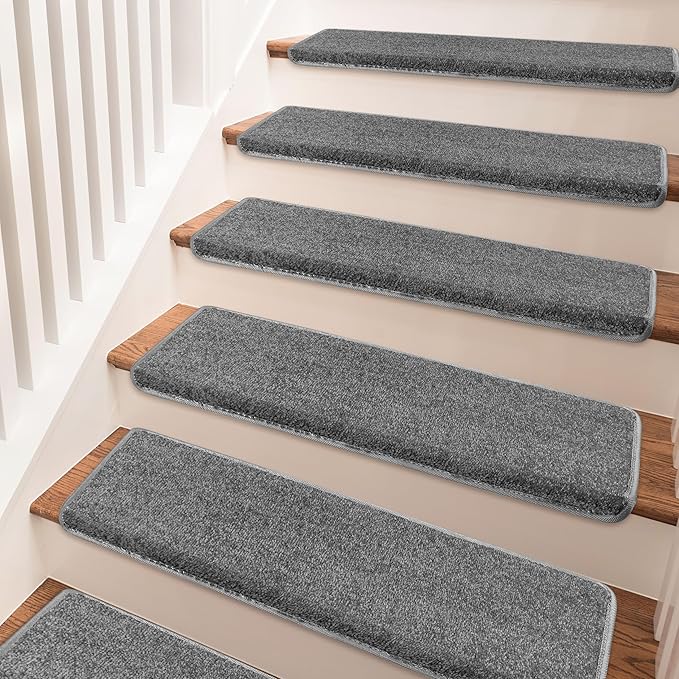 PURE ERA Bullnose Carpet Stair Treads Set Tape Free Non-Slip Indoor Stair Protectors Pet Friendly Rugs Covers Soft Skid Resistant Washable Reusable 9.5" x 30"(14 Pieces,Dark Gray)