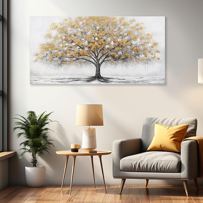 Glvzygy Wall Art Abstract Gold Tree of Life Canvas Modern Art Oil Painting Texture Tree Painting Living Room Bedroom Dining Room Home Office Decor Wall Decor 24" x 48"