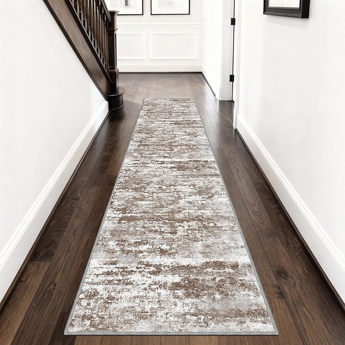 Rug Runners 2x8 Ultra Non-Slip Washable Kitchen Rug Abstract Tear and Stain Resistance No Pile Hand-Woven Style Lightweight Runners for Hallways, Entryway, Laundry Room, Bedside, Brown