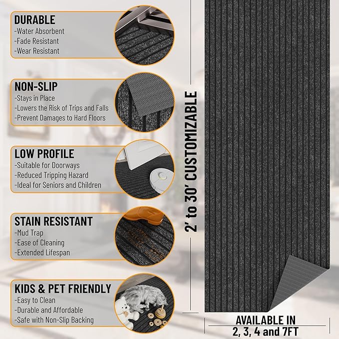 Ottomanson 2'7" x 14' Hallway Runner with Scraper Pile - Extra Durable Non-Slip Rug Mat for Indoor & Outdoor Use - Ideal for Kitchen, Entryway & Garage - High-Traffic Carpet, Black