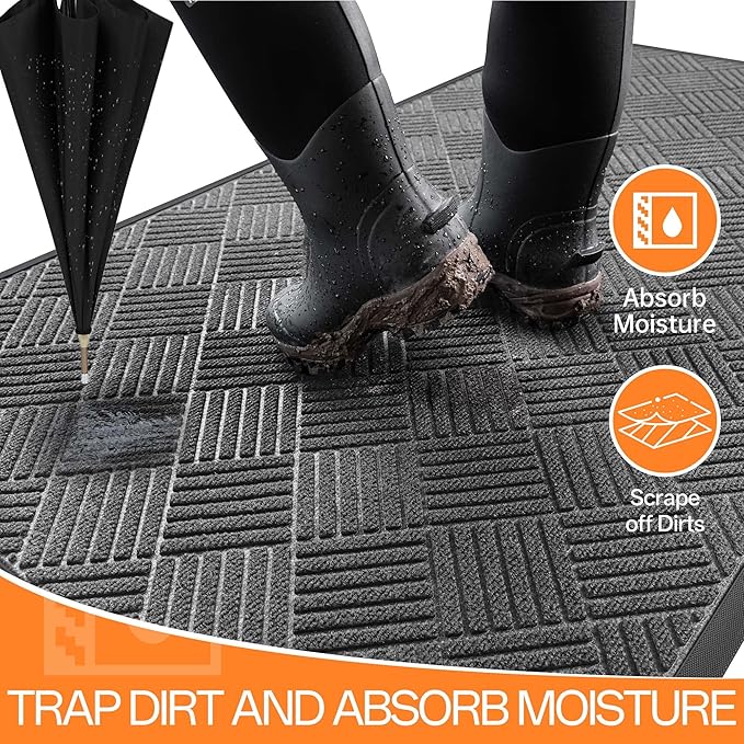 Indoor Outdoor Door Mat, 6’x 3' Doormat for Entryway, Rubber Backing Non Slip Front Door Mat Outside Entrance, Super Absorbent Commercial Floor Mat for Home Office, Gray