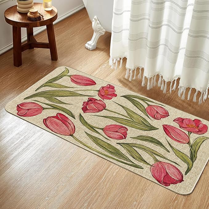 Welcome Spring Door Mat Tulip Flowers Floral Doormat Indoor Outdoor Entrance Outdoor Rug Low-Profile Floor Rug Non Slip Spring Summer Decor Rubber Mats for Home Decoration 17x36Inch