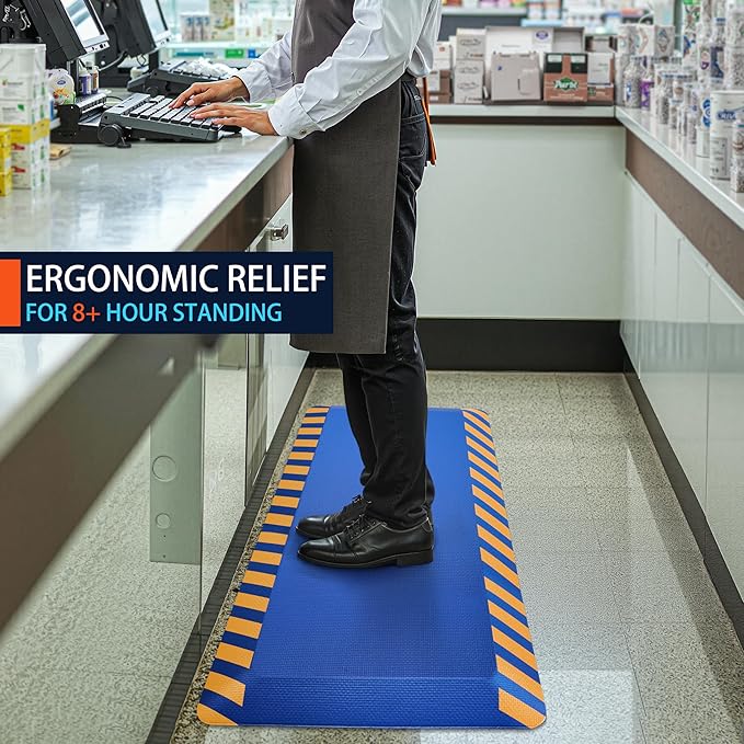 FEATOL Anti Fatigue Mat Industrial, Ergonomic Standing Floor Mat for Work for Stand -Safety Support for Leg & Back Pain(Blue with Yellow Border, 24" x 70", 1PC)