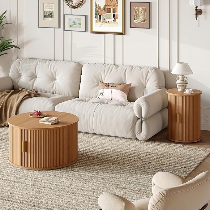 Merax Mid Century Coffee Table Set with Sliding Tambour Door, Round Coffee Table with Storage, Fluted Accent Center Tables for Living Room, Office, Small Space, Natural