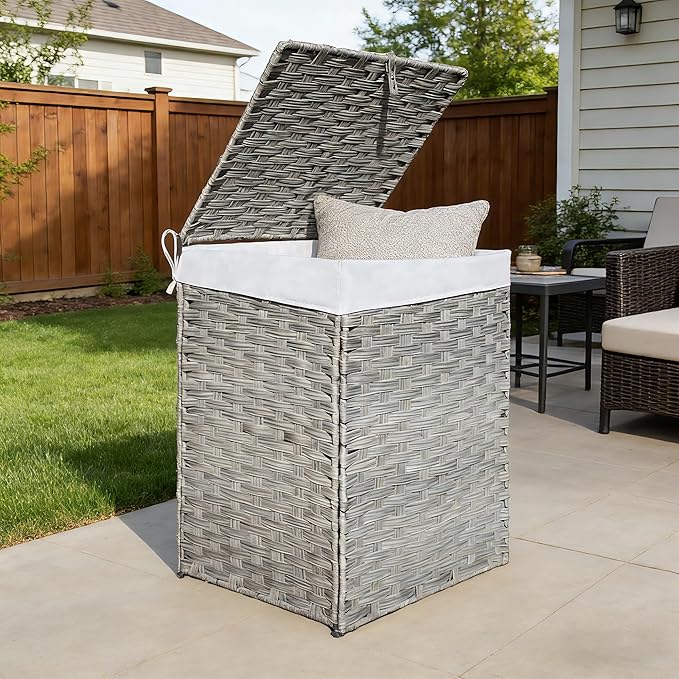 90L Foldable Outdoor Wicker Storage Basket with Lid - Patio Storage Hamper with Removable,Machine Washable 2-Compartment Liner & Handles for Clothes,Pillows,Bedding(Yellow)
