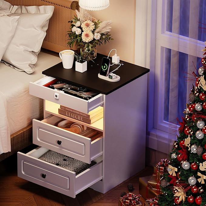 Night Stand Set 2 with Charging Station,Bedside Table with Gun Drawer,Farmhouse End Table and Nightstand,Small SideTable for Bedroom (White-with Gun Drawer, 2-Pcs)