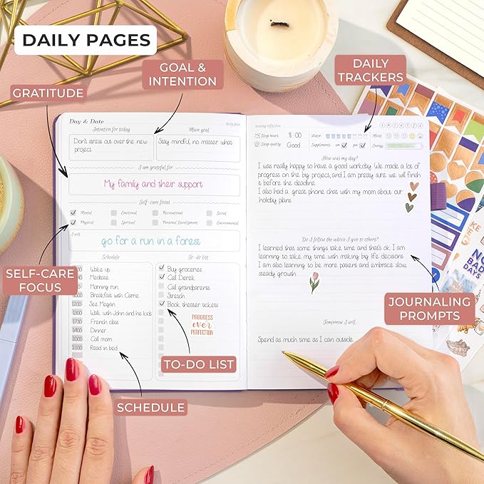 GoGirl Self-care Journal – Daily Mental Health Notebook with Mood & Wellness Trackers – Personal Development, Meditation & Reflection Journal for Women – Hardcover, Lasts 3 Months (Purple)