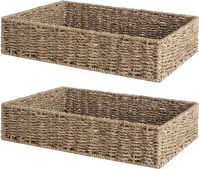 StorageWorks Large Seagrass Tray for Bathroom, Seagrass Storage Baskets for Shelves, Handwoven Natural Wicker Baskets for Organizing, 2-Pack