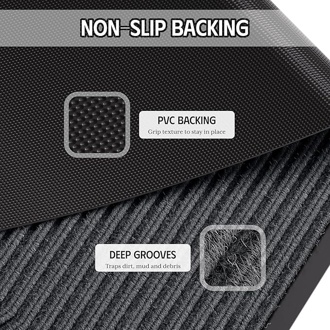 Front Door Mat 4' x 6', Heavy Duty Door Mat Outside Entrance, Non-Slip Welcome Mat, Muddy Mats for Indoor Outdoor, Absorbent & Resist Dirt Entry Mat, Low Profile Commercial Floor Mat, Grey