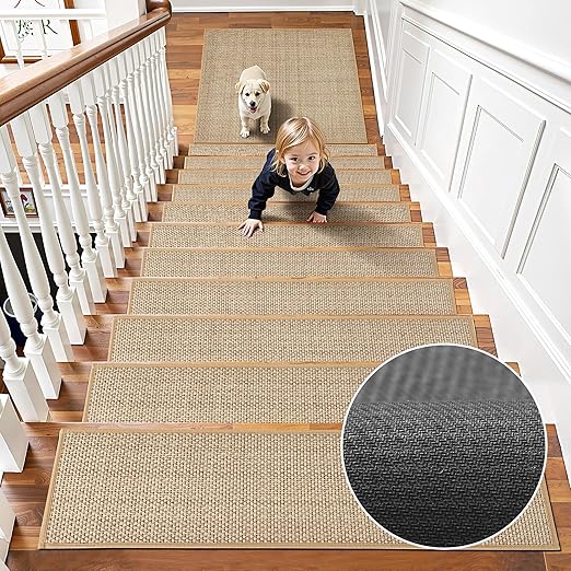 15pcs Stairs Treads and 1 Landing Carpet, Breathable Chenille Stair Carpet Non Slip for Wooden Steps Rubber Backing Stairs Runner Indoor Treads Stair Covers Mat 8"X30" and 30"X30"