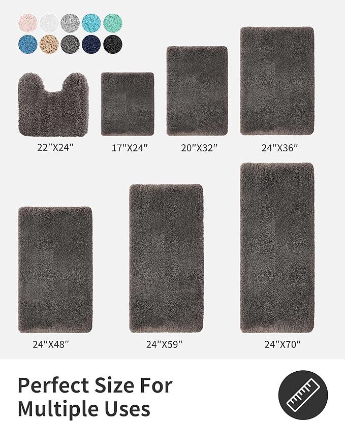 ILANGO Dark Gray Bathroom Rugs 48" × 24" Non Slip & Super Absorbent Extra Thick Soft, Washable Bath Mat for Floor, Microfiber Plush Shaggy Bath Rug with Rubber for Bathtub Shower Room Sink