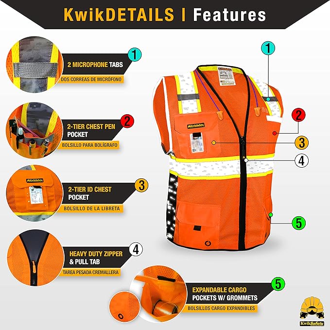 KwikSafety - BIG KAHUNA DIGITAL Safety Vest [LIMITED EDITION] Class 2 ANSI OSHA Reflective Vest Durable High Visibility Vest Construction Safety Vest for Men Industrial Work Gear/Orange Medium