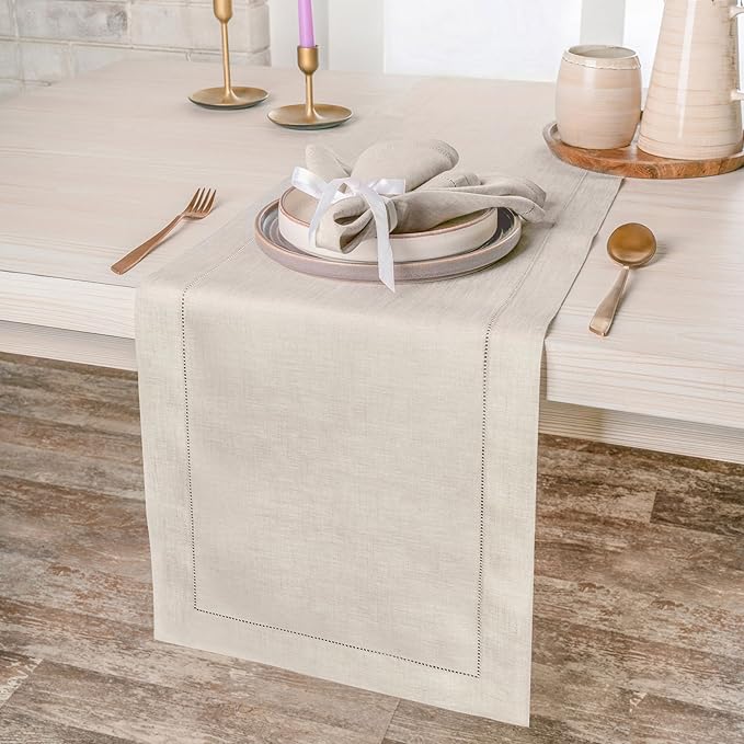 D'Moksha Homes Linen Light Natural Table Runner 108 Inches Long - 100% Pure Linen 14 x 108 Inch Table Runner for Valentines, Spring, Easter - Classic Hemstitch