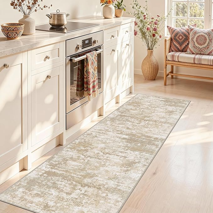 Kitchen Rugs Ultra Non-Slip 2.6x8 Washable Runner Rug Abstract Tear and Stain Resistance No Pile Lightweight Runners for Entryway, Hallway, Walkway, Bedside, Entrance, Beige/Yellow