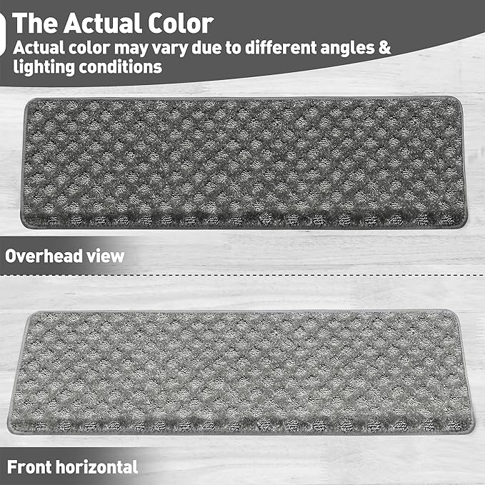 PURE ERA Bullnose Carpet Stair Treads Set Tape Free Non-Slip Indoor Stair Protectors Pet Friendly Rugs9.5" x 30"(14 Pieces,Grey Mini-Diamond Trellis)