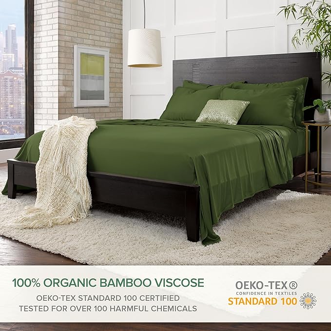 Pure Bamboo Twin Sheets, Genuine 100% Organic Viscose Derived from Bamboo Bed Sheet Set, Luxuriously Soft & Cooling, Double Stitching, 2 Year Quality Promise (Twin, Pesto)