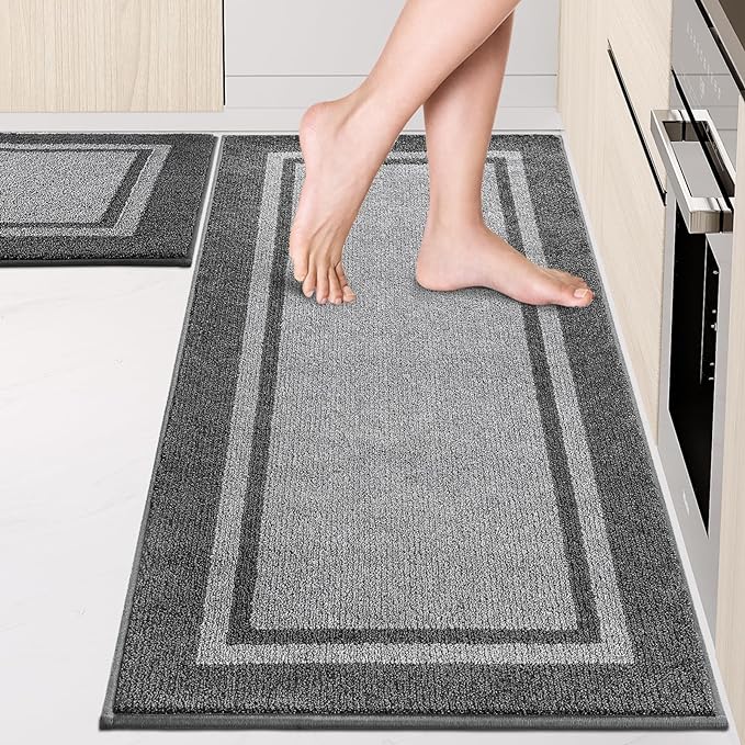 Kitchen Rugs Set (24" x 36"+24" x 60"), Non-Slip Machine Washable Kitchen Runner Rugs Floor Mats, Absorbent Comfort Standing Mat for Kitchen, Sink and Hallway, Rolled Packaging, Light Grey & Dark Grey