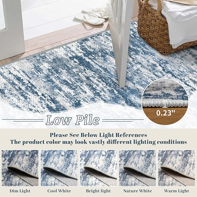 Abstract Washable Runner Rug 2x6, Blue Non-Slip Hallway Rug, Woven Non-Shedding Thin Runners for Entryway, Kitchen, Laundry Room