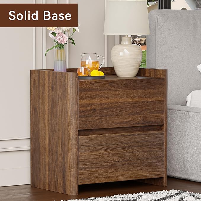 Nightstand with 2 Storage Drawer, Modern End Table for Bedroom with Cut-Out Handle, Large Night Stands for Bedroom, Home Office, Set of 1, Walnut