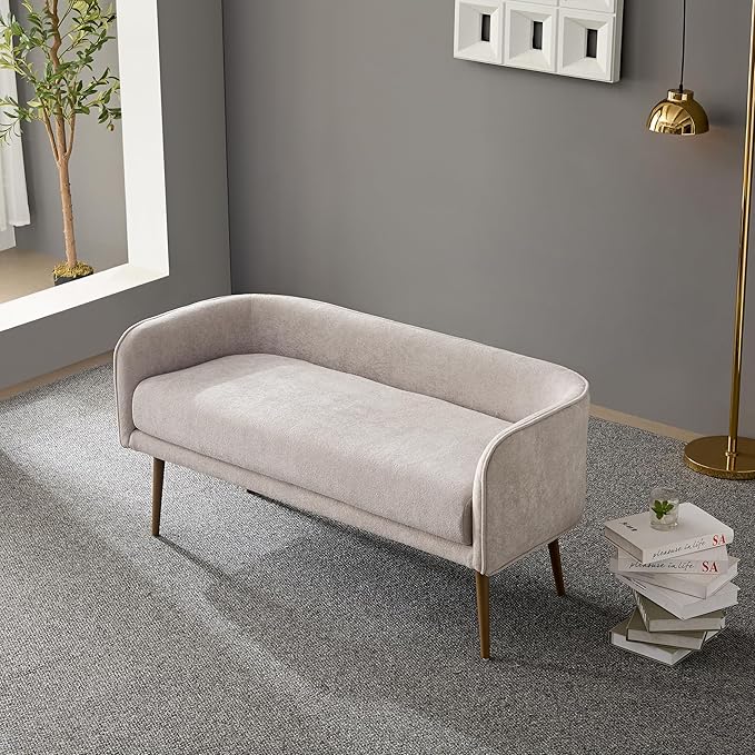 Bedroom Bench with Low Back, Inside Metal Frame, Extra Seat for Living Room, Entryway or Dinning Bench(Light Gray) …