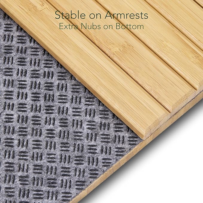 DETOR Couch Tray with Spacious 12.4" x 5.4" Storage Box, Natrual Bamboo Finish, Enhanced Non-Slip Felt Bottom, Sturdy Bamboo Slats, Fits Armrests 6" and Wider