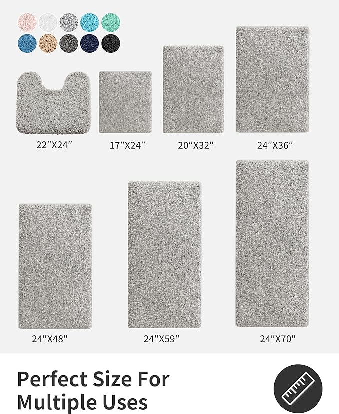 ILANGO Grey Bathroom Rugs 48" × 24" Non Slip & Super Absorbent Extra Thick Soft, Washable Bath Mat for Floor, Microfiber Plush Shaggy Bath Rug with Rubber for Bathtub Shower Room Sink