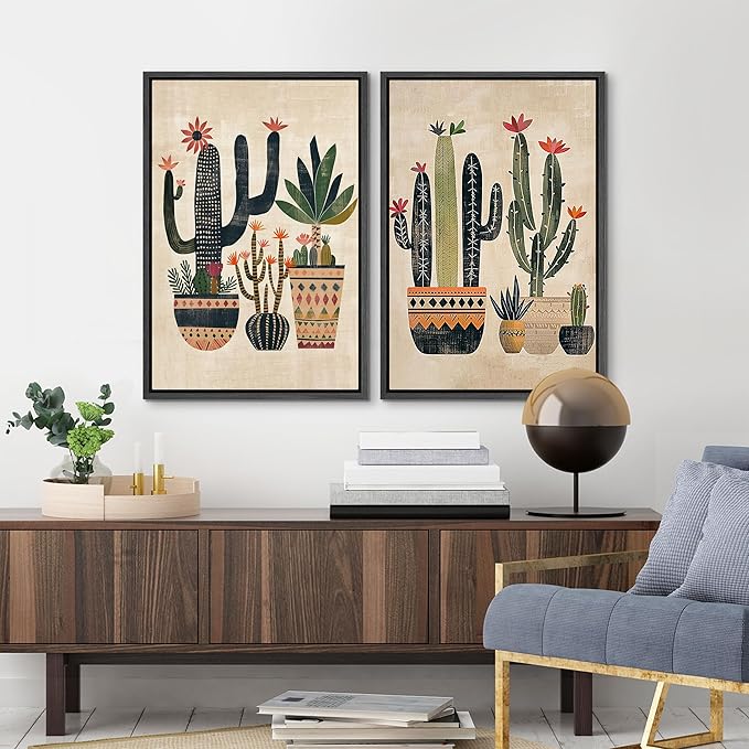 MUDECOR Framed Canvas Print Wall Art Set Mexican Cactus Tropical Botanical llustrations Modern Art Decorative Bohemian Calm/Zen for Living Room, Bedroom, Office - 16"x24"x2 Black