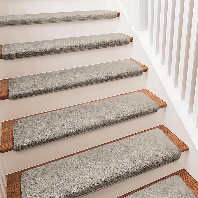 PURE ERA Carpet Stair Treads Ultra Plush 9.5" X 30"Soft Bullnose Indoor Stair Protectors Pet-Friendly Non-Slip Skid Resistant Tape Free Washable Reusable(2 Pieces, Cream Gray)