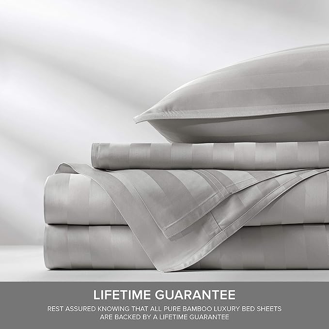 Pure Bamboo Twin Sheets, Genuine 100% Organic Viscose Derived from Bamboo Bed Sheet Set, Luxuriously Soft & Cooling, Double Stitching, 2 Year Quality Promise (Twin, Jacquard Silver)
