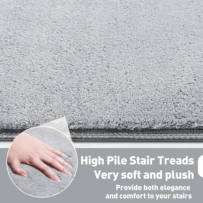 PURE ERA Carpet Stair Treads Ultra Plush 9.5" X 30"Soft Bullnose Indoor Stair Protectors Pet-Friendly Non-Slip Skid Resistant Tape Free Washable Reusable(2 Pieces,Gray)