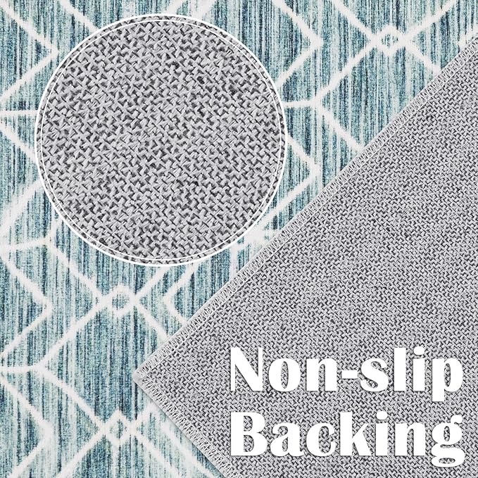 jinchan Moroccan Runner Rug 3x10 - Kitchen Machine Washable Runner Rug Modern Geometric Low-Pile Lightweight Non-Slip Carpet for Entryway Hallway Laundry Room Bedroom Bedside (3x10ft, Teal Blue)