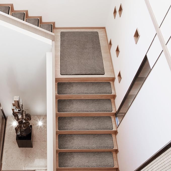 PURE ERA Carpet Stair Treads Ultra Plush 8" X 30" Soft Indoor Stair Protectors Pet-Friendly Non-Slip Skid Resistant Tape Free Washable Reusable(14 Pieces, Brown)