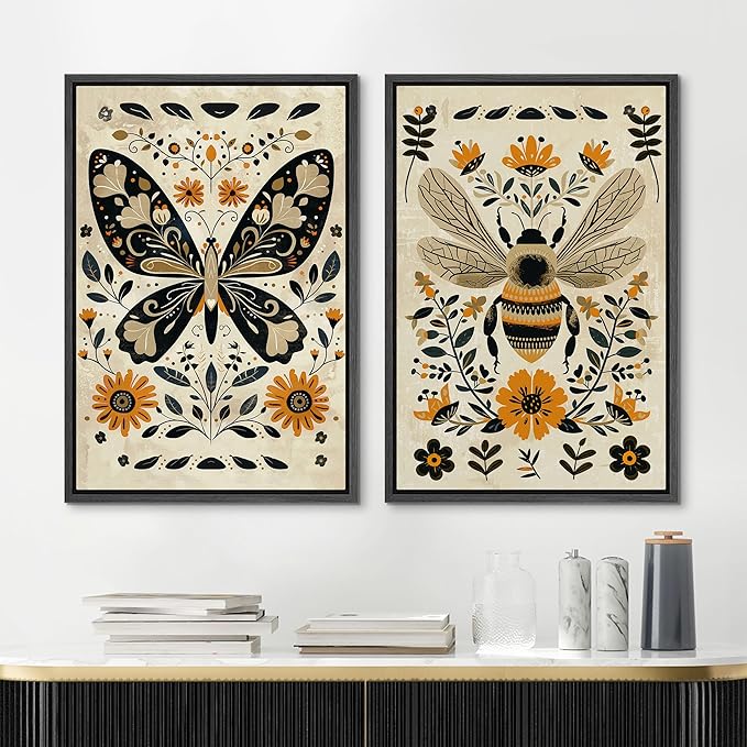 MUDECOR Framed Canvas Print Wall Art Set Butterfly Animals Botanical Bee llustrations Modern Art Decorative Bohemian Calm/Zen for Living Room, Bedroom, Office - 16"x24"x2 Black