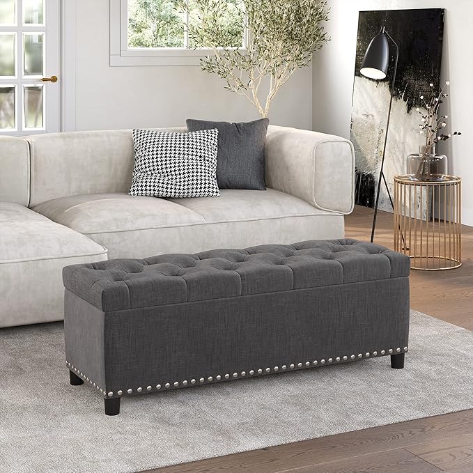BELLEZE 47" Storage Ottoman, Storage Bench with Safety Close Hinge, Faux Leather Button-Tufted Ottoman for Living Room, Entryway, Hallway, Foot Rest, Support 300lbs - Dark Gray