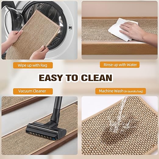 Deerly 15pcs Stairs Treads and 1 Landing Carpet, Breathable Linen Stair Carpet Non Slip for Wooden Steps Peel and Stick Stairs Runner Indoor Self-Adhesive Treads Stair Covers Mat 8"X30" and 30"X30"