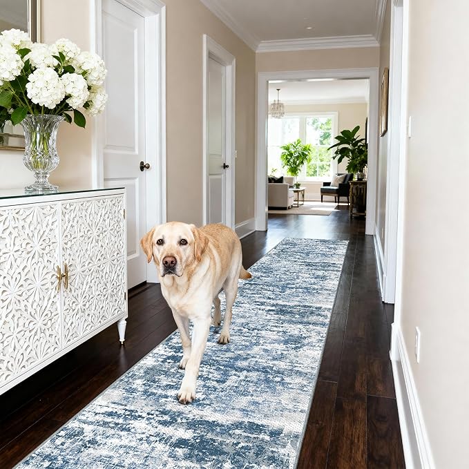 Runners for Hallways Ultra Non-Slip 2x8 Washable Kitchen Rug Abstract Tear and Stain Resistance No Pile Hand-Woven Style Lightweight Runners for Entryway, Laundry Room, Bedside, Blue